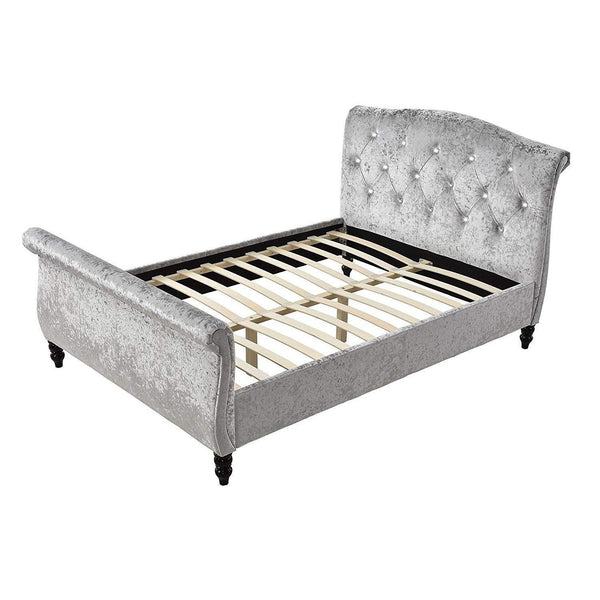 MEISSA Crushed Velvet Upholstered Sleigh Bed with Diamante Headboard, Silver - daals
