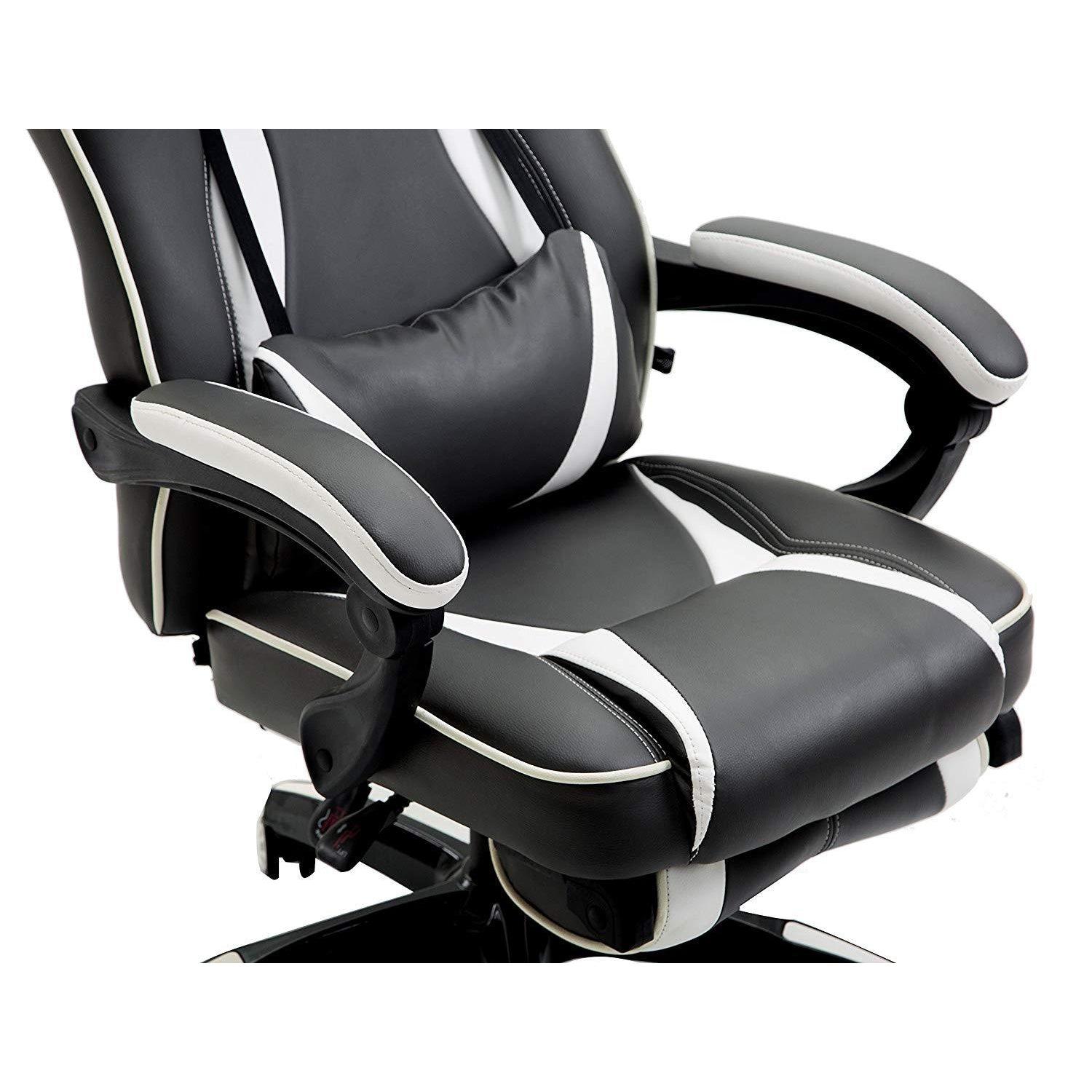 High Back Recliner Gaming Swivel Chair with Footrest & Adjustable Lumbar & Head Cushion, MR49 Black & White