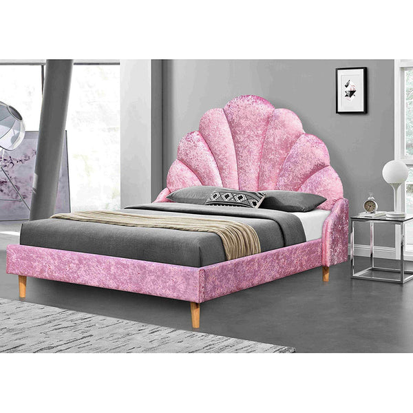 Cherry Tree Furniture ARIEL Pink Crushed Velvet Upholstered Kid's Princess Bed with Scalloped Headboard
