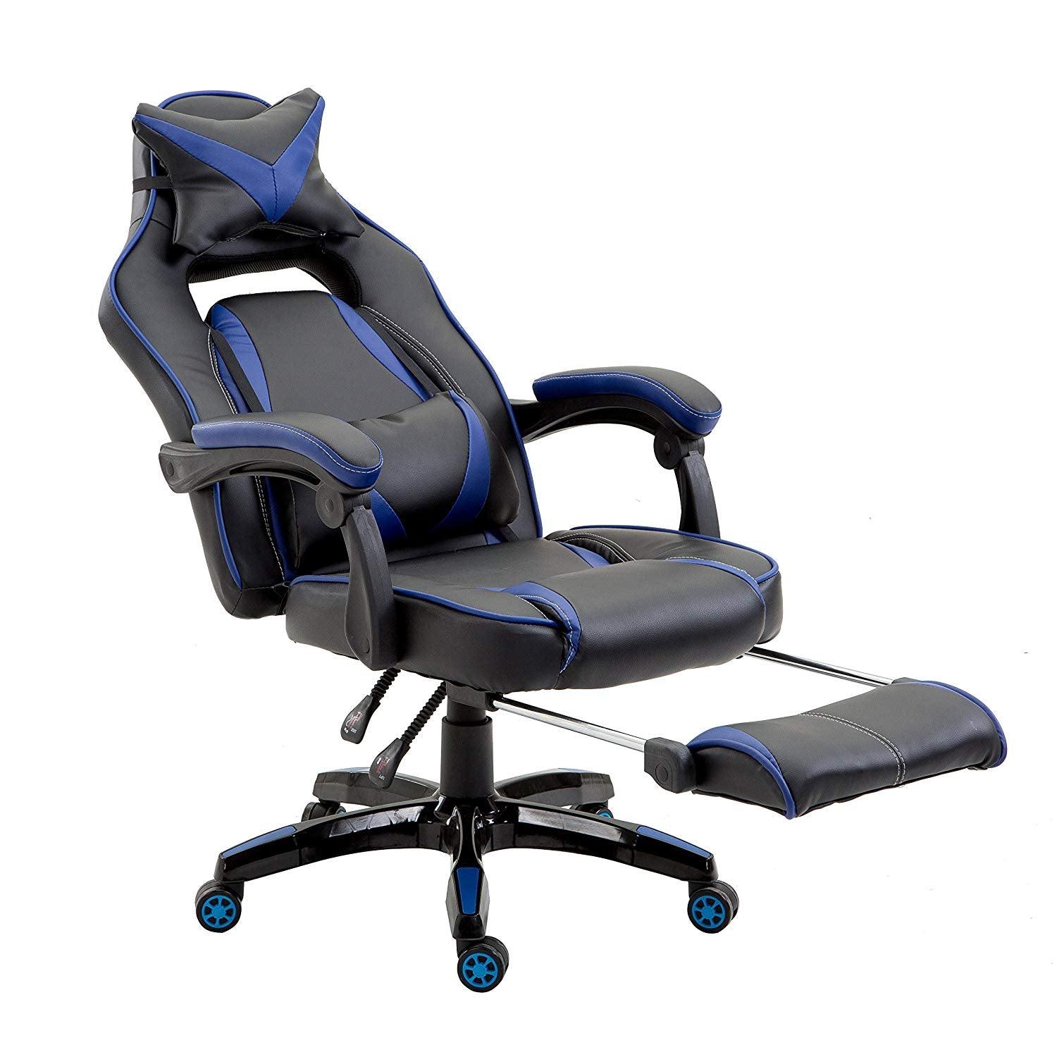 High Back Recliner Gaming Swivel Chair with Footrest & Adjustable Lumbar & Head Cushion, MR49 Black & Blue