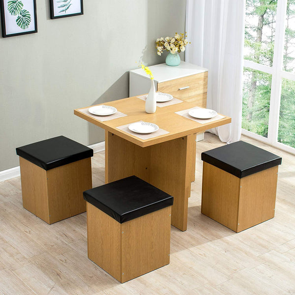 5-Piece Oak Colour Dining Table and 4 Faux Leather Stools with Storage, Dining Room Set - daals