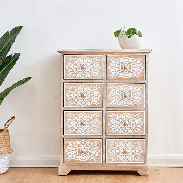 Cherry Tree Furniture 8-Drawer Natural Wood Cabinet Storage Unit Chest of Drawers with Floral Motifs on Door