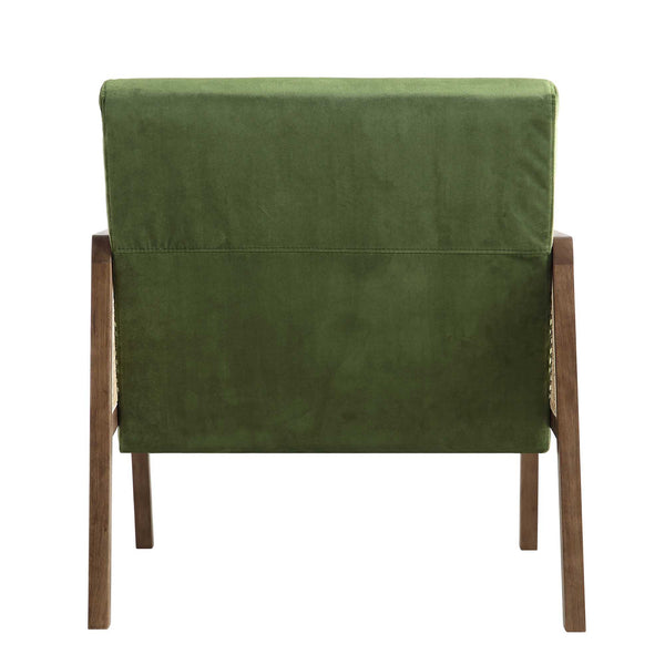 Fyne Moss Green Velvet Walnut Frame Rattan Armchair