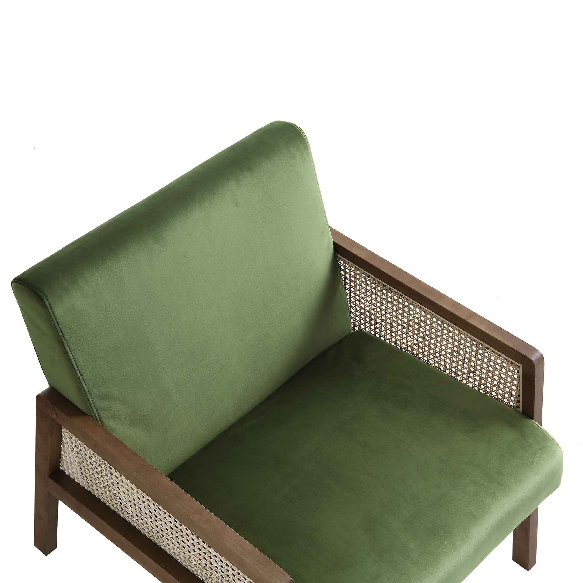 Fyne Moss Green Velvet Walnut Frame Rattan Armchair