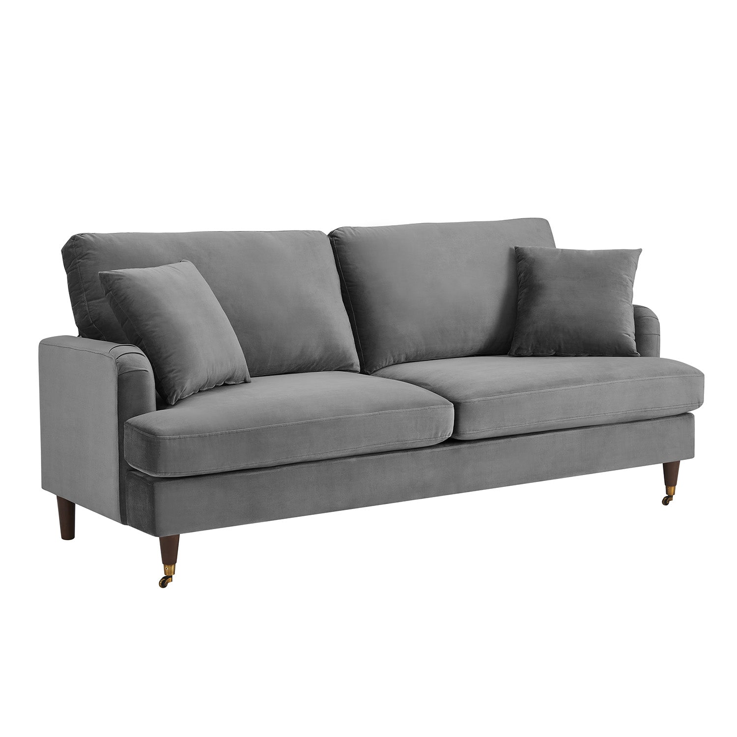 Brigette 3-Seater Grey Velvet Sofa with Antique Brass Castor Legs
