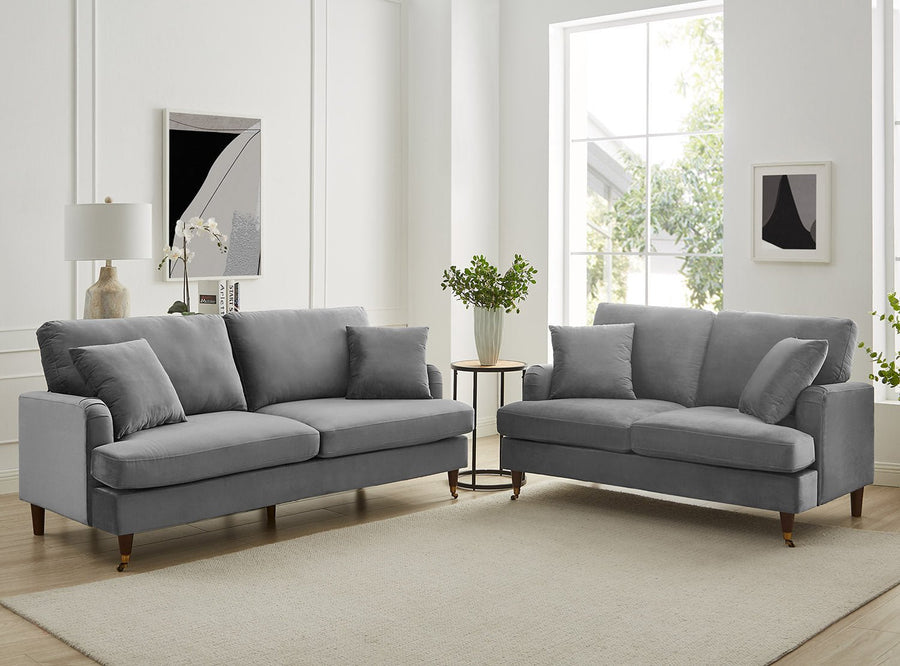Brigette 3 Seater Grey Velvet Sofa with Antique Brass Castor Legs