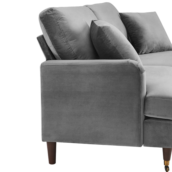 Brigette 3-Seater Grey Velvet Sofa with Antique Brass Castor Legs