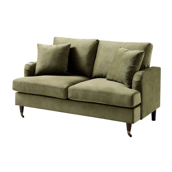 Brigette 2-Seater Olive Green Velvet Sofa with Antique Brass Castor Legs