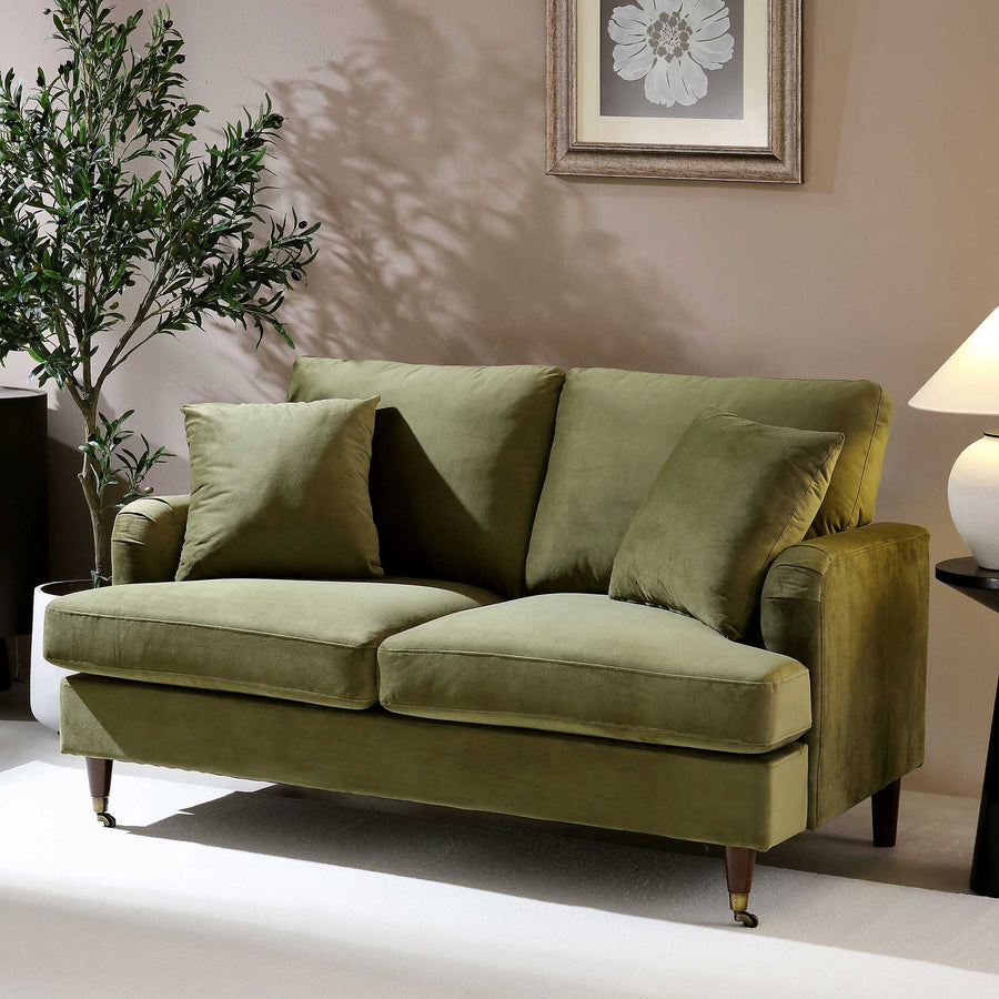 Brigette 2 - Seater Olive Green Velvet Sofa with Antique Brass Castor Legs - daals