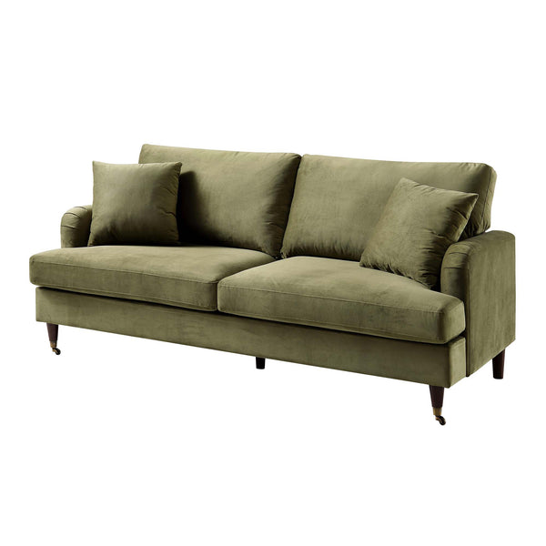 Brigette 3-Seater Olive Green Velvet Sofa with Antique Brass Castor Legs