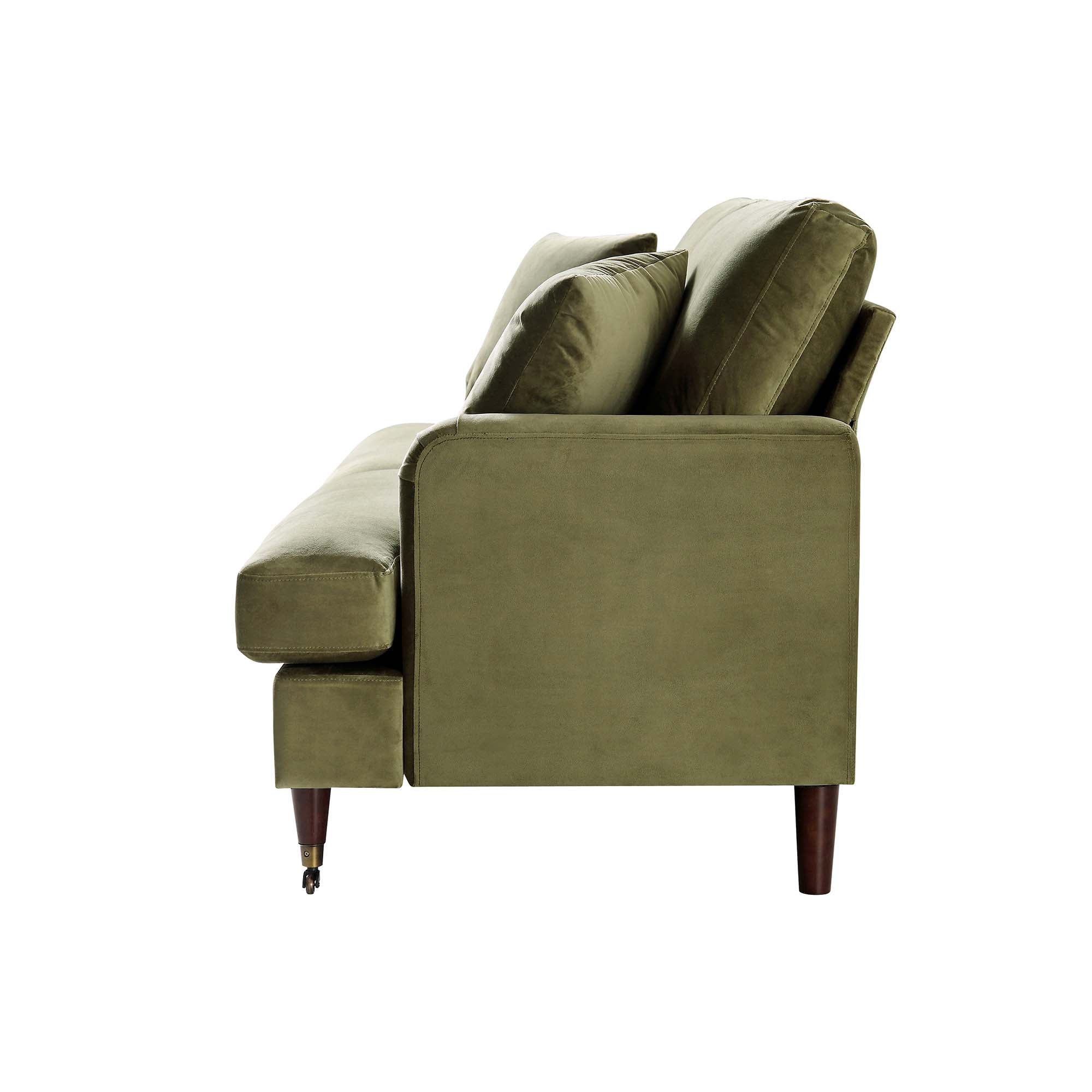 Brigette 3-Seater Olive Green Velvet Sofa with Antique Brass Castor Legs