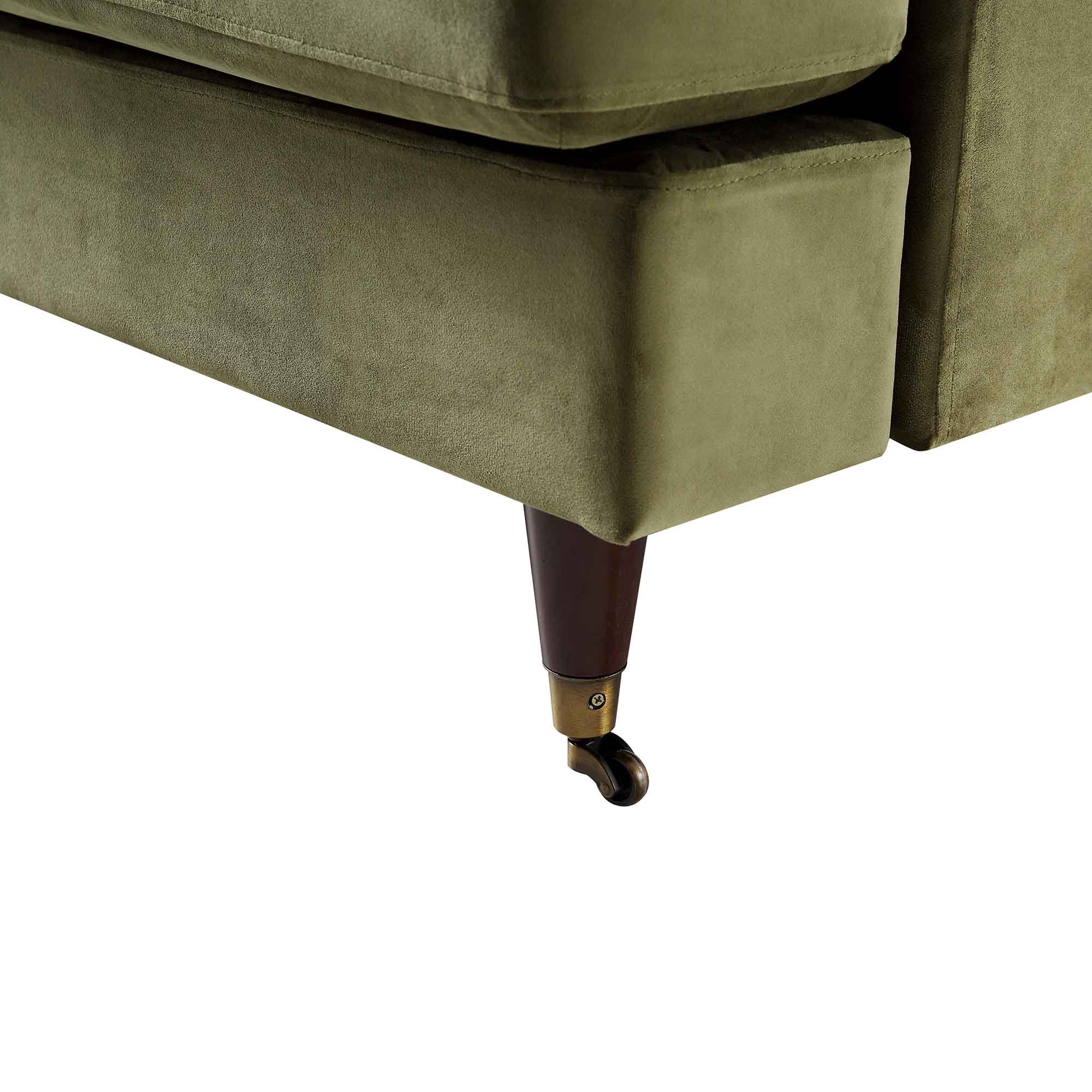 Brigette 2-Seater Olive Green Velvet Sofa with Antique Brass Castor Legs