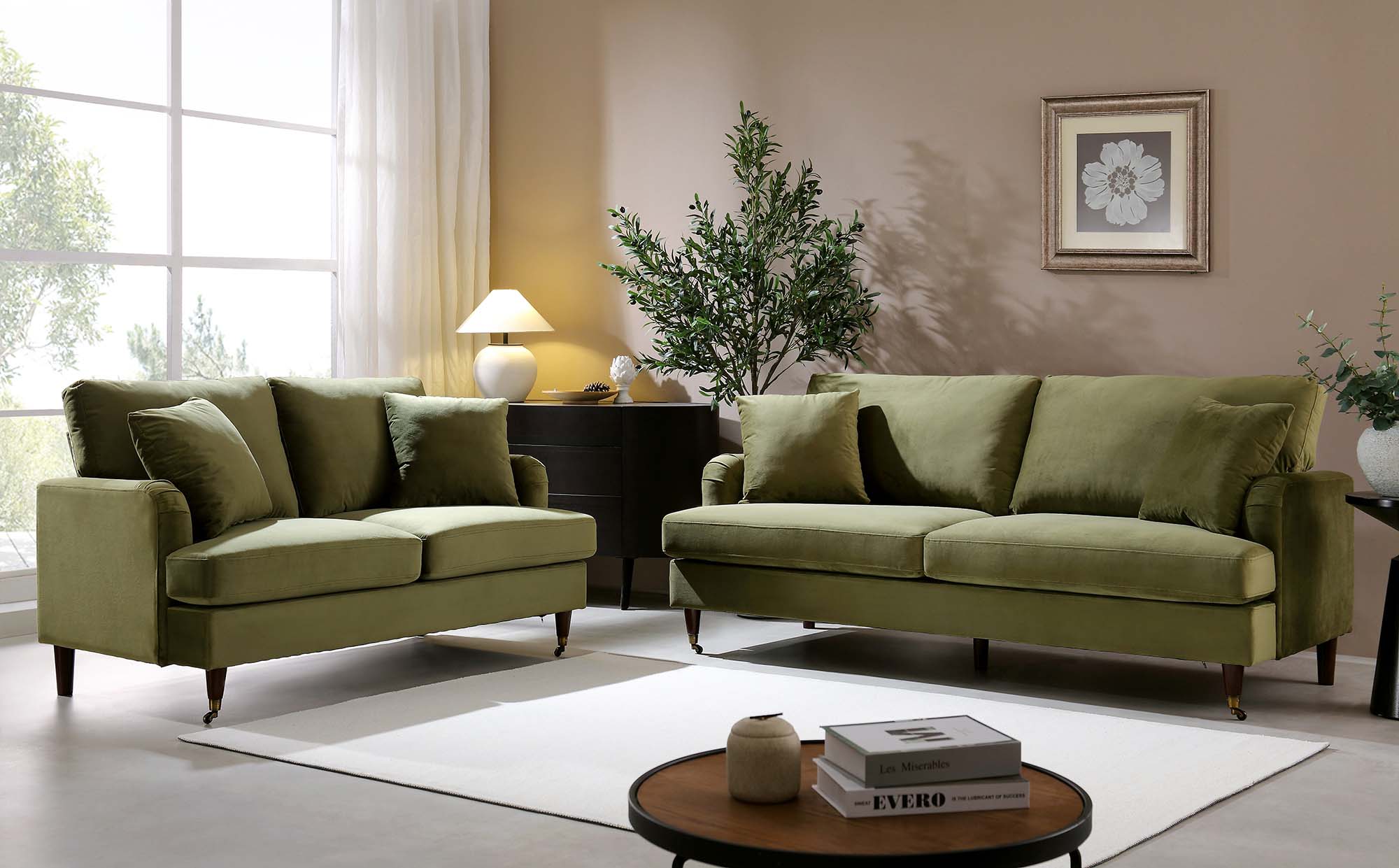 Brigette 2-Seater Olive Green Velvet Sofa with Antique Brass Castor Legs