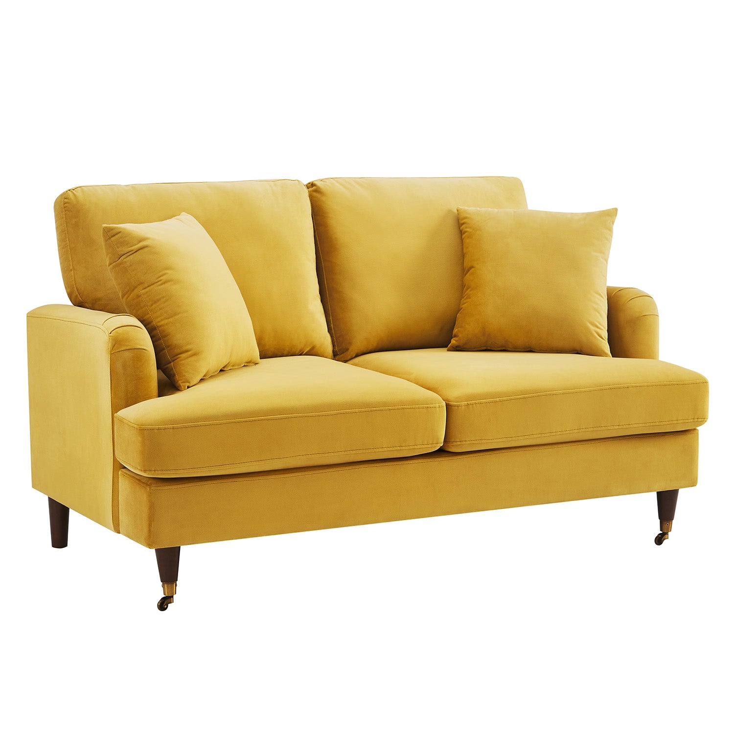 Brigette 2-Seater Mustard Velvet Sofa with Antique Brass Castor Legs