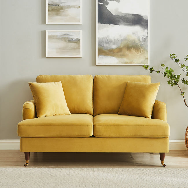 Brigette 2Seater Mustard Velvet Sofa with Antique Brass Castor Legs