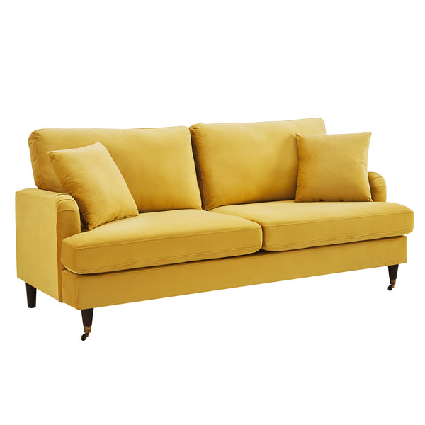 Brigette 3-Seater Mustard Velvet Sofa with Antique Brass Castor Legs