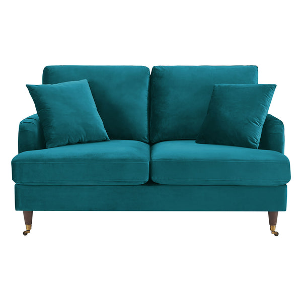 Brigette 2-Seater Teal Velvet Sofa with Antique Brass Castor Legs