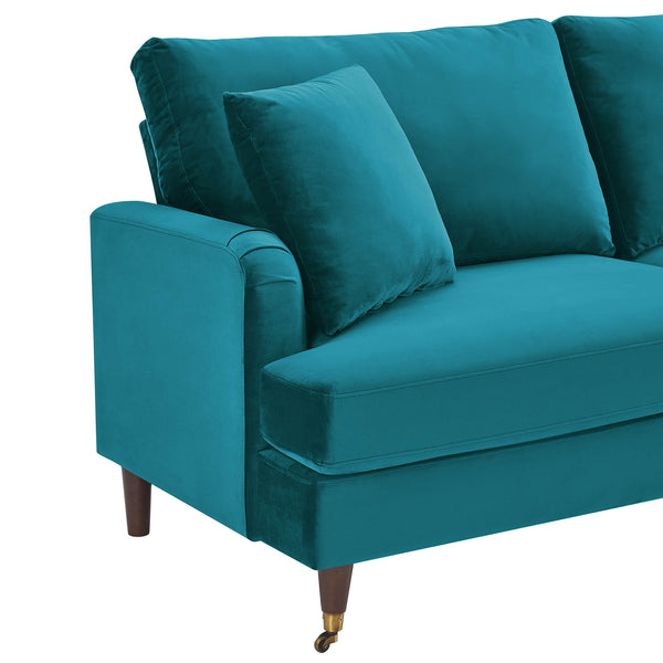 Brigette 2-Seater Teal Velvet Sofa with Antique Brass Castor Legs