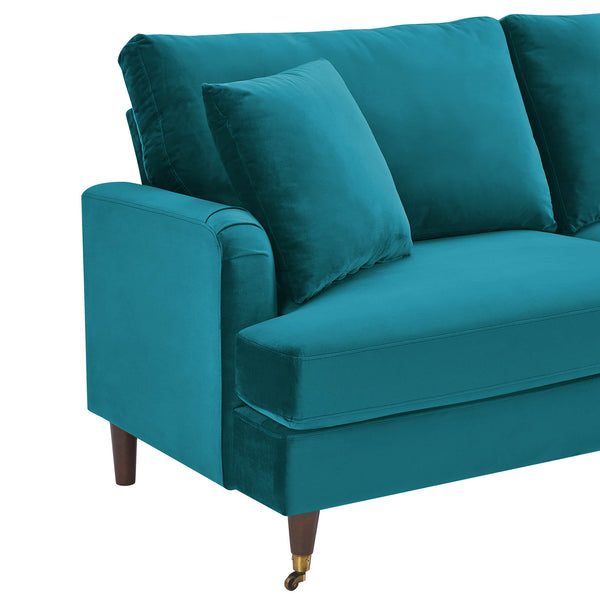 Brigette 3-Seater Teal Velvet Sofa with Antique Brass Castor Legs