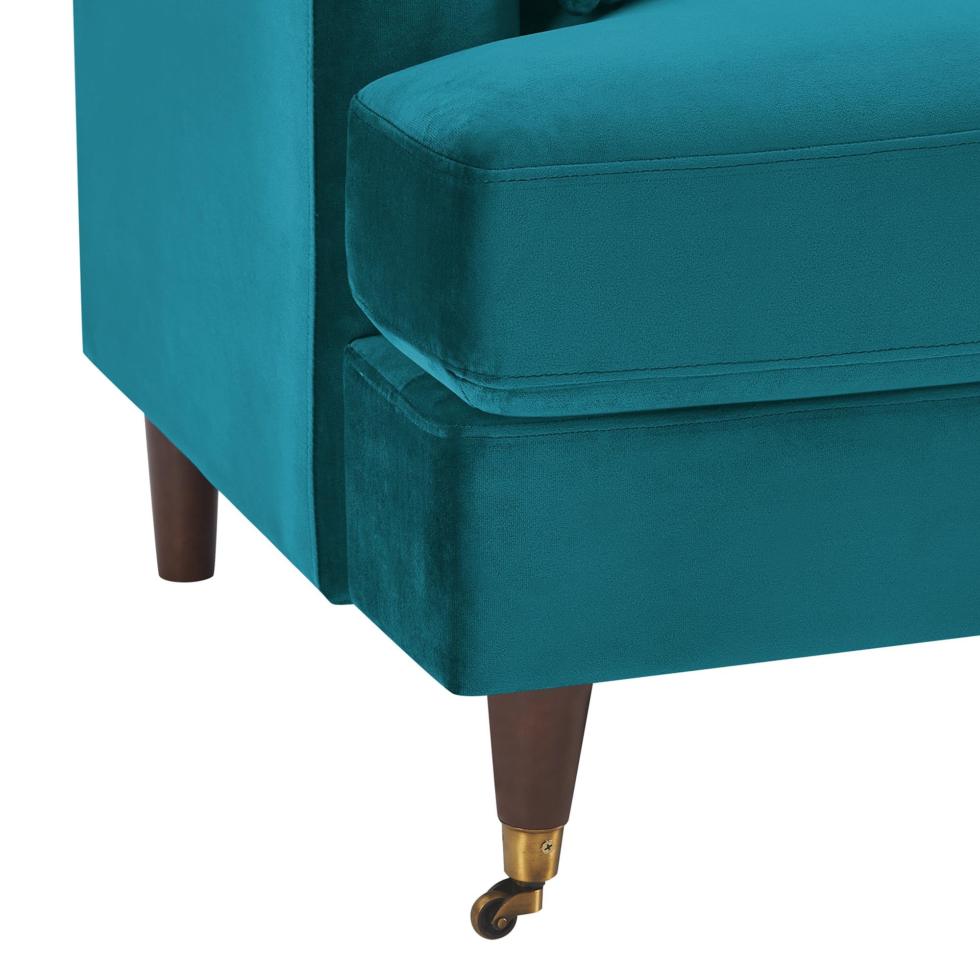 Brigette 2-Seater Teal Velvet Sofa with Antique Brass Castor Legs