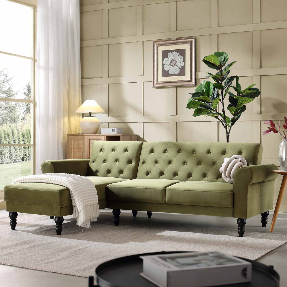 Hanney Chesterfield Chaise Sofabed in Moss Green Velvet | daals