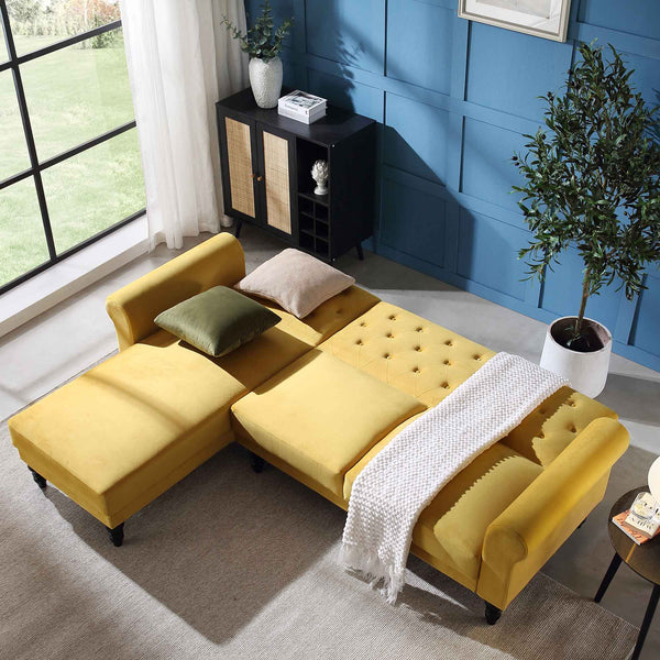 Hanney Chesterfield Chaise Sofabed in Mustard Yellow Velvet | daals
