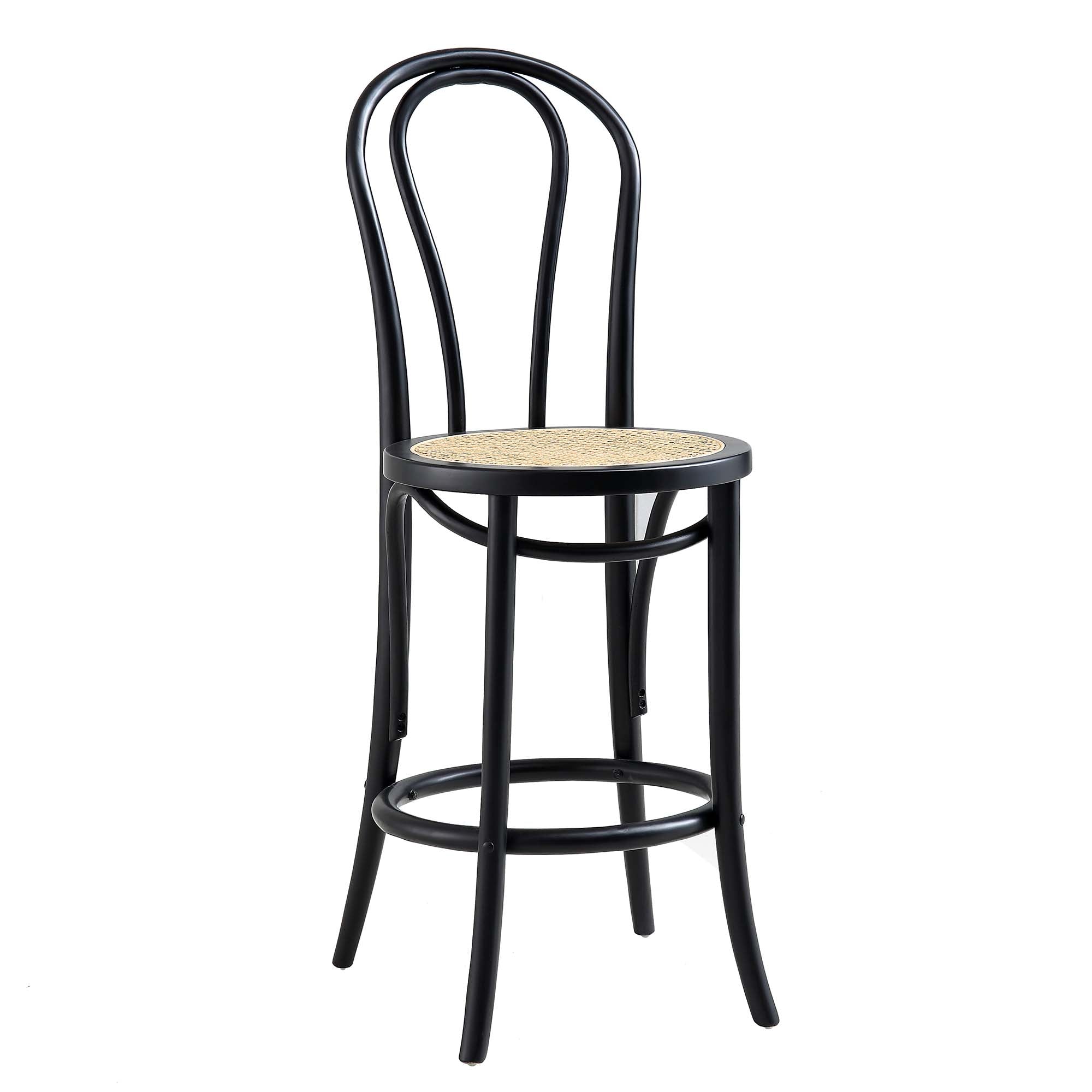 Camille Elm Wood and Rattan Bentwood Counter Stool, Black