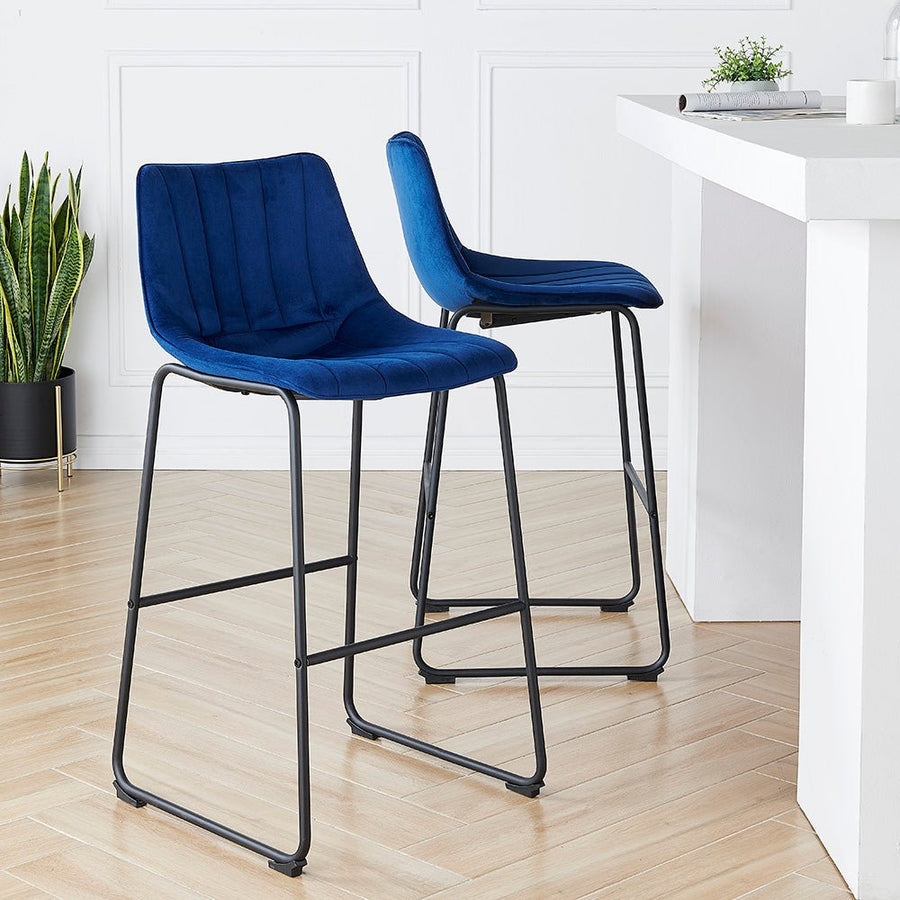 Sutton Set of 2 Bar Stools with Fluted Back (Blue Velvet)