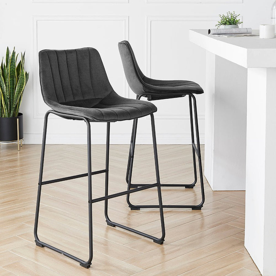 Sutton Set of 2 Bar Stools with Fluted Back (Grey Velvet)