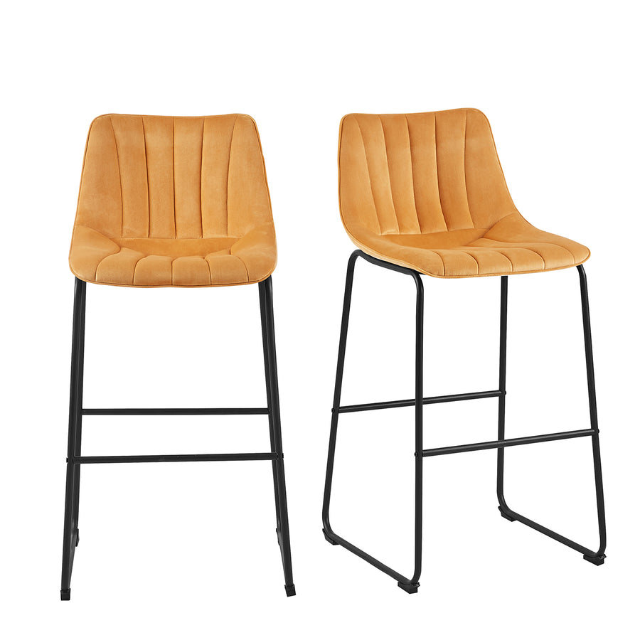 Sutton Set of 2 Bar Stools with Fluted Back (Mustard Velvet)