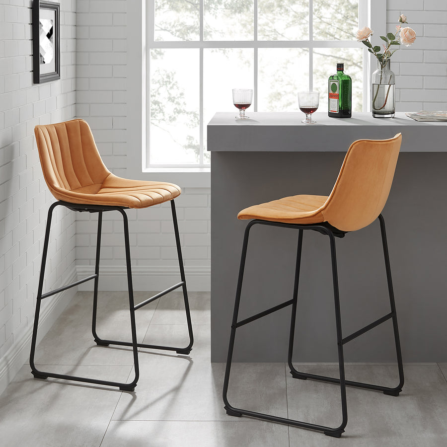 Sutton Set of 2 Bar Stools with Fluted Back (Mustard Velvet)