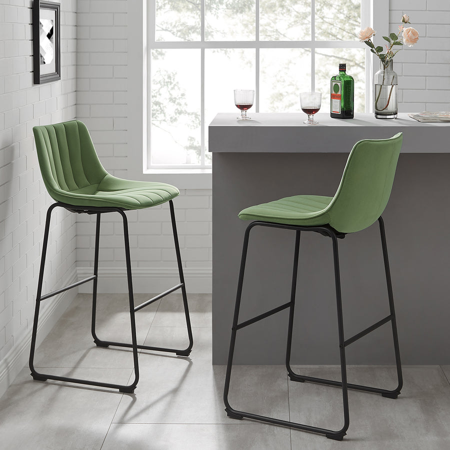 Sutton Set of 2 Bar Stools with Fluted Back (Sage Green Velvet)