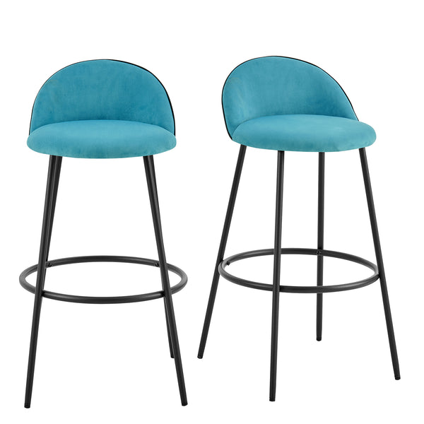 Barton Set of 2 Blue Velvet Upholstered Bar Stools with Contrast Piping