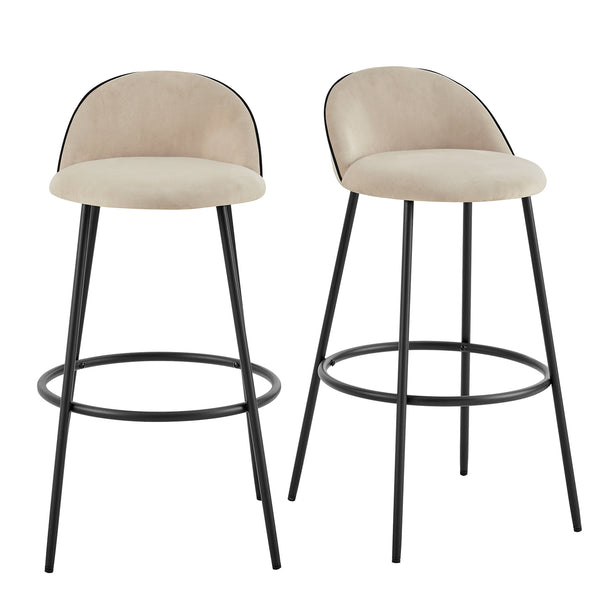 Barton Set of 2 Champagne Velvet Upholstered Bar Stools with Contrast Piping