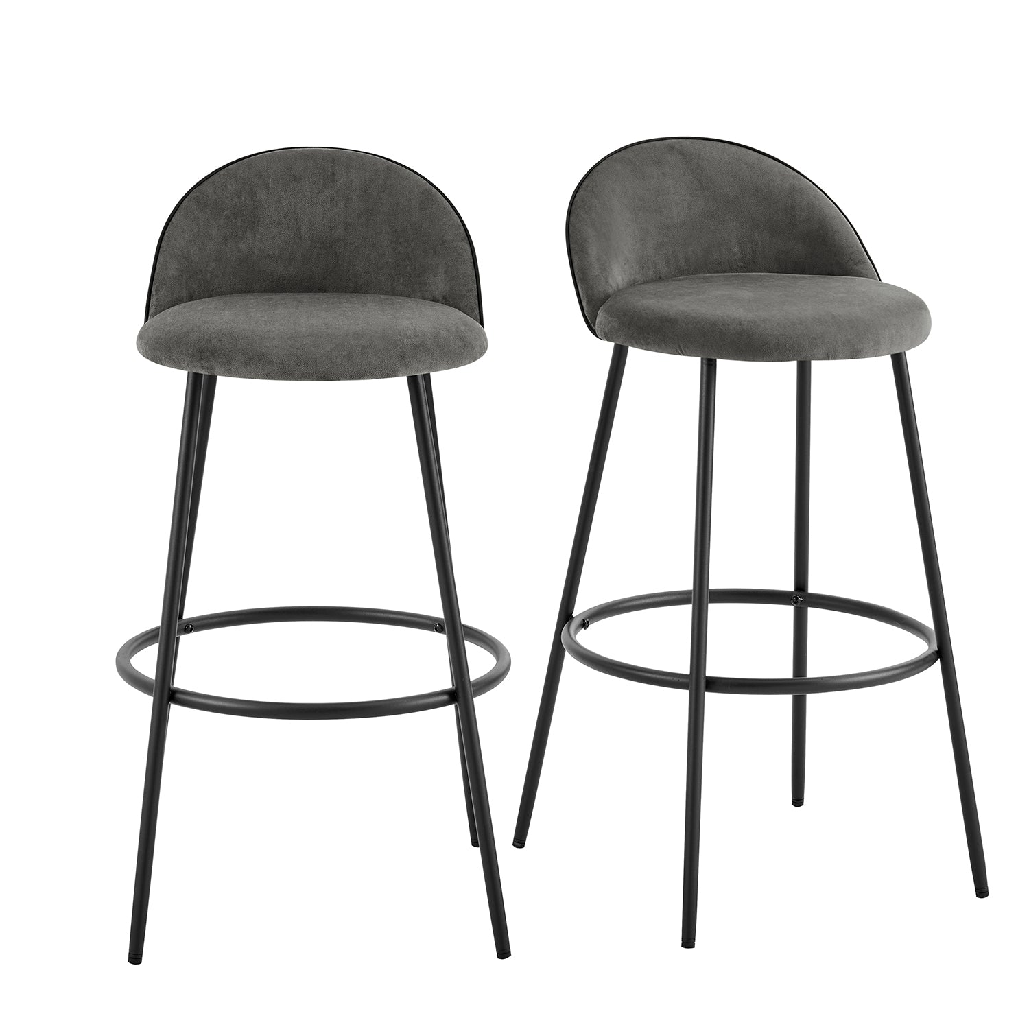 Barton Set of 2 Grey Velvet Upholstered Bar Stools with Contrast Piping