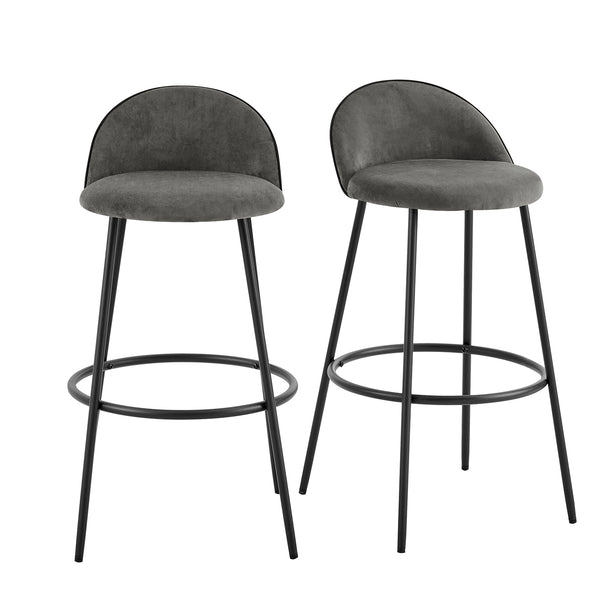 Barton Set of 2 Grey Velvet Upholstered Bar Stools with Contrast Piping