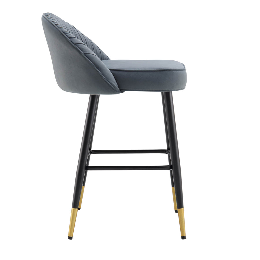 Miyae Set of 2 Pleated Light Grey Velvet Upholstered Counter Stools