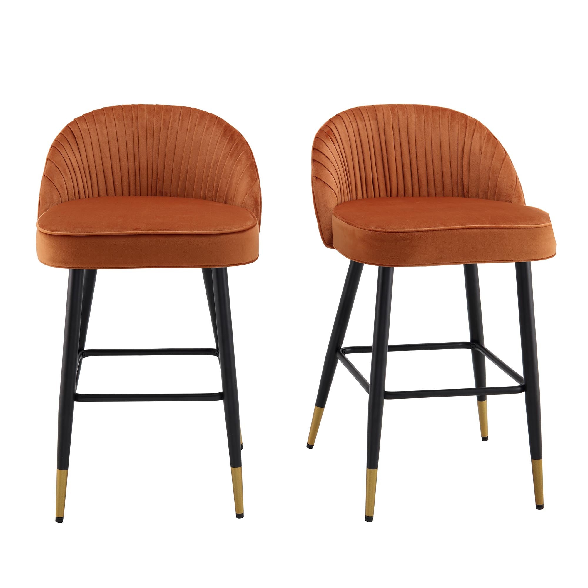 Miyae Set of 2 Pleated Burnt Orange Velvet Upholstered Counter Stools ...