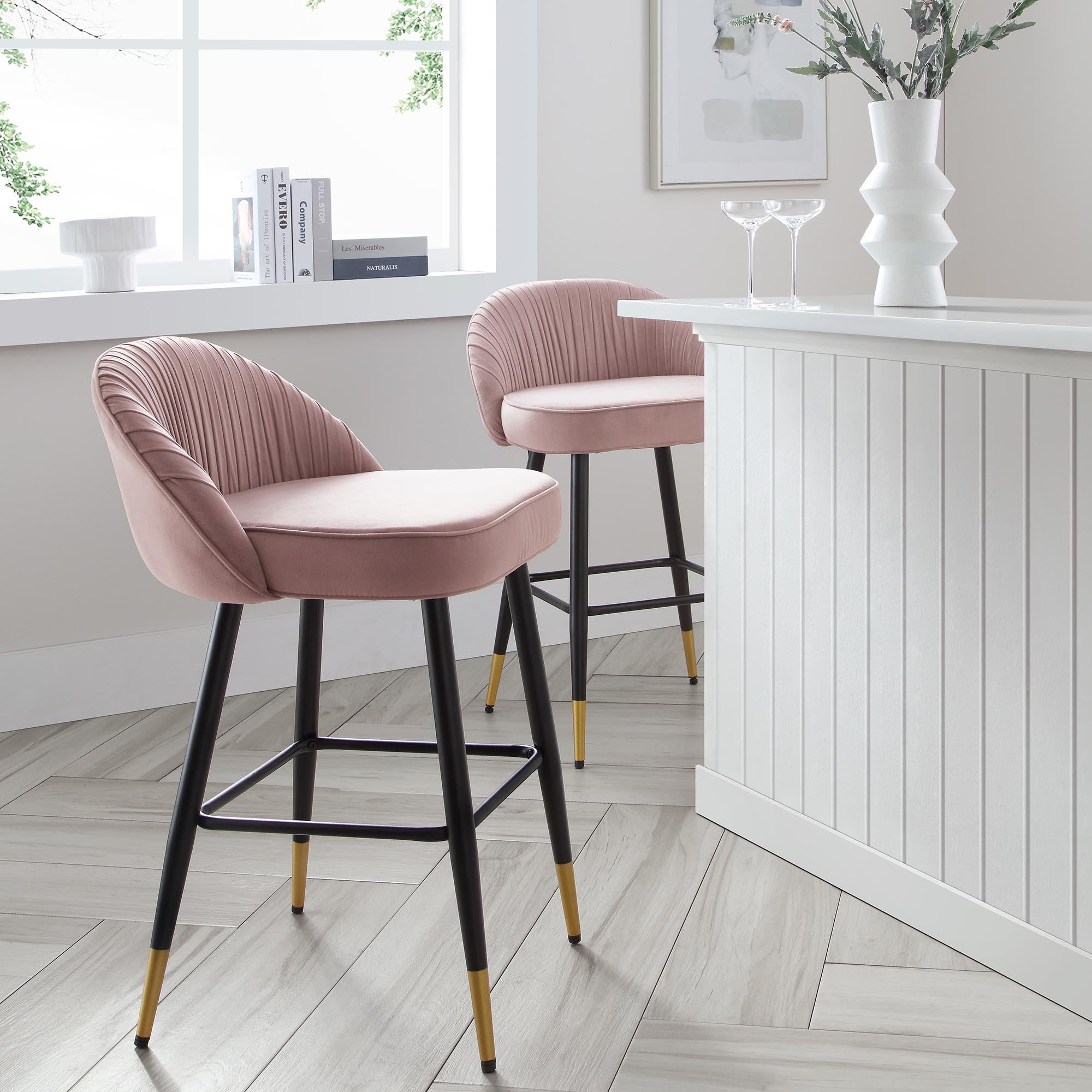 Miyae Set of 2 Pleated Pale Pink Velvet Upholstered Counter Stools | daals