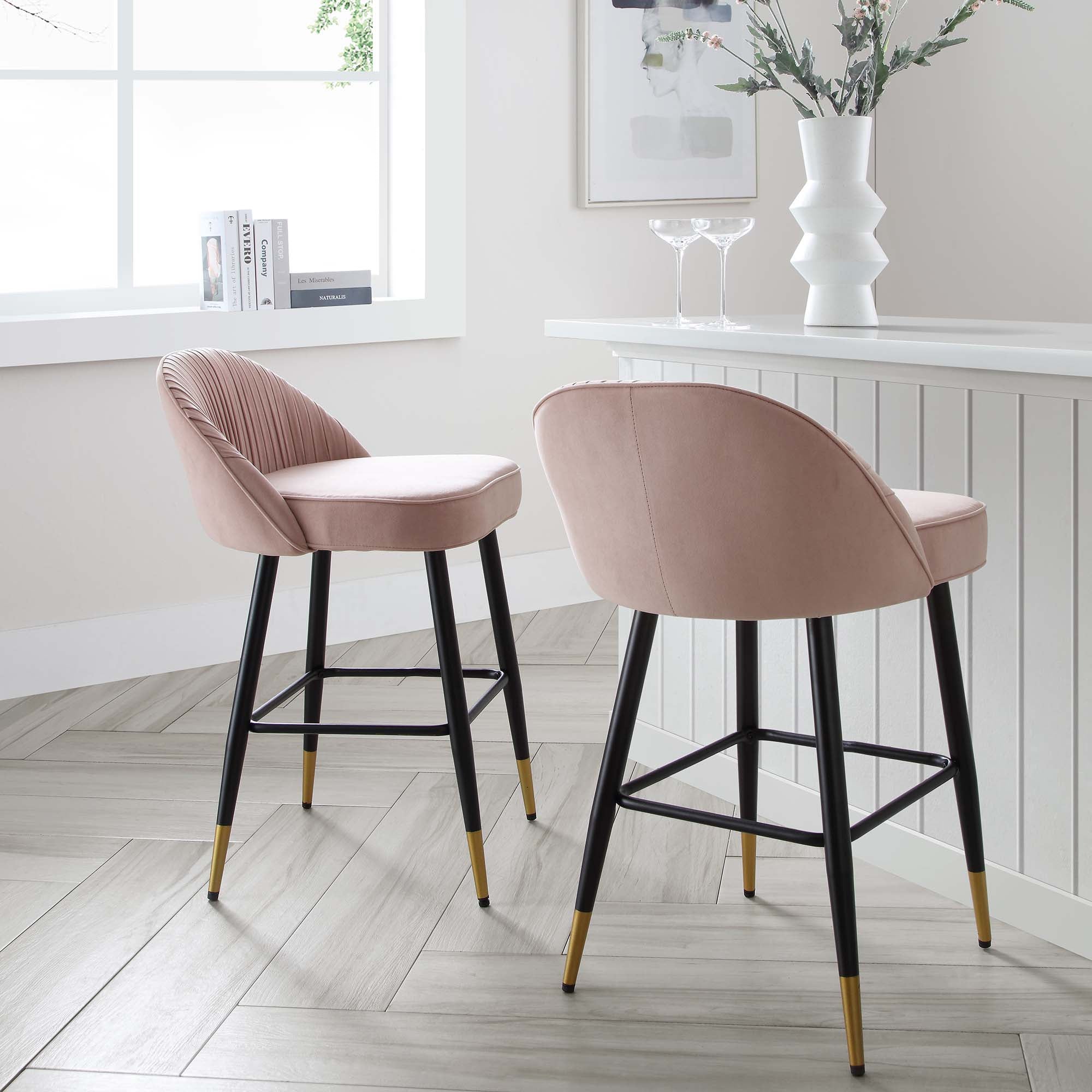 Miyae Set of 2 Pleated Pale Pink Velvet Upholstered Counter Stools | daals