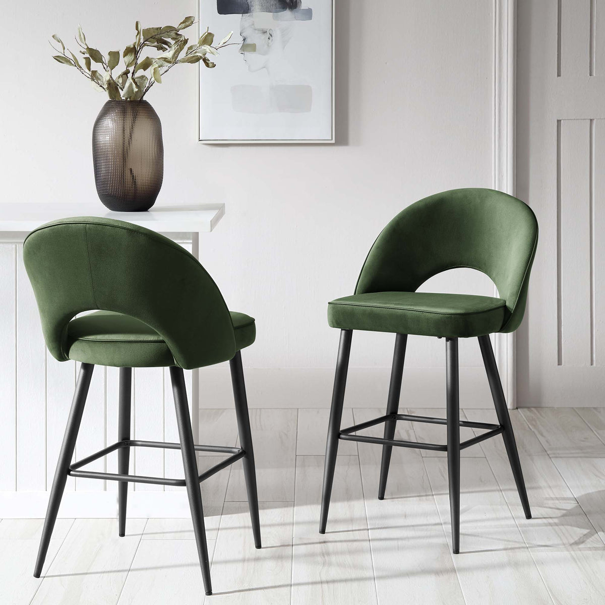 Oakley Set of 2 Dark Green Velvet Upholstered Counter Stools with Cont ...