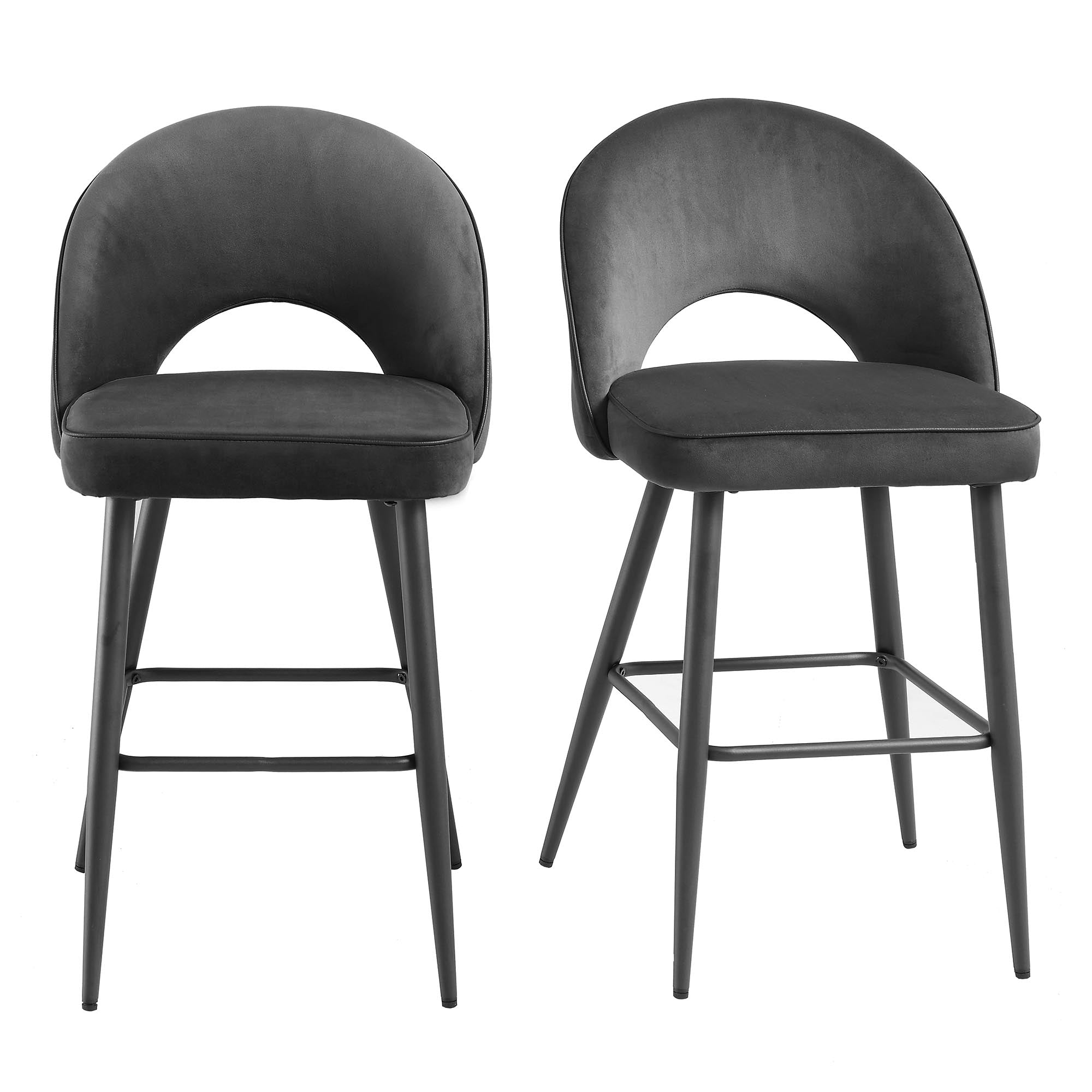 Oakley Set of 2 Dark Grey Velvet Upholstered Counter Stools with Contrast Piping