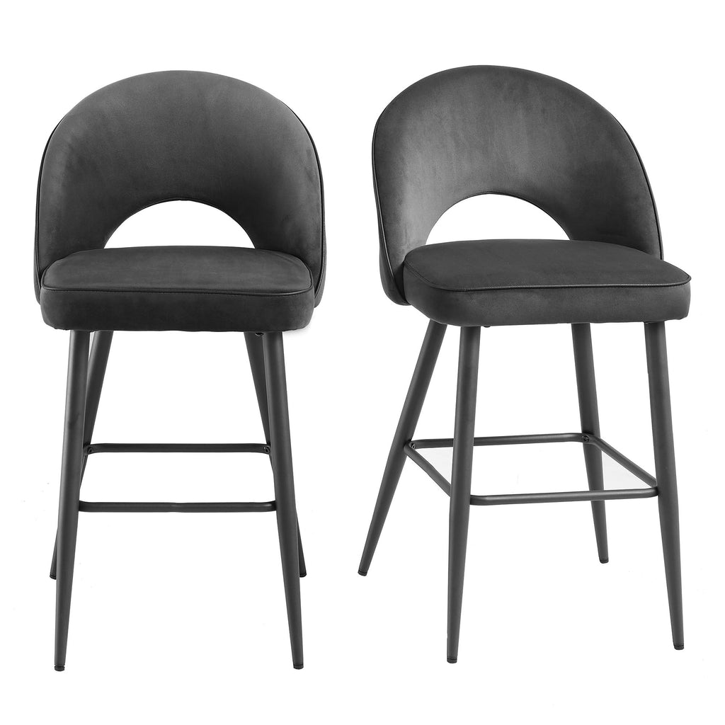Oakley Set of 2 Dark Grey Velvet Upholstered Counter Stools with Contr