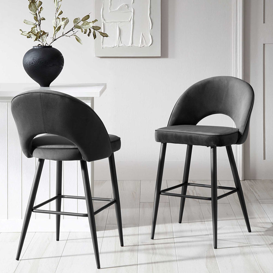 Oakley Set of 2 Dark Grey Velvet Upholstered Counter Stools with Contrast Piping