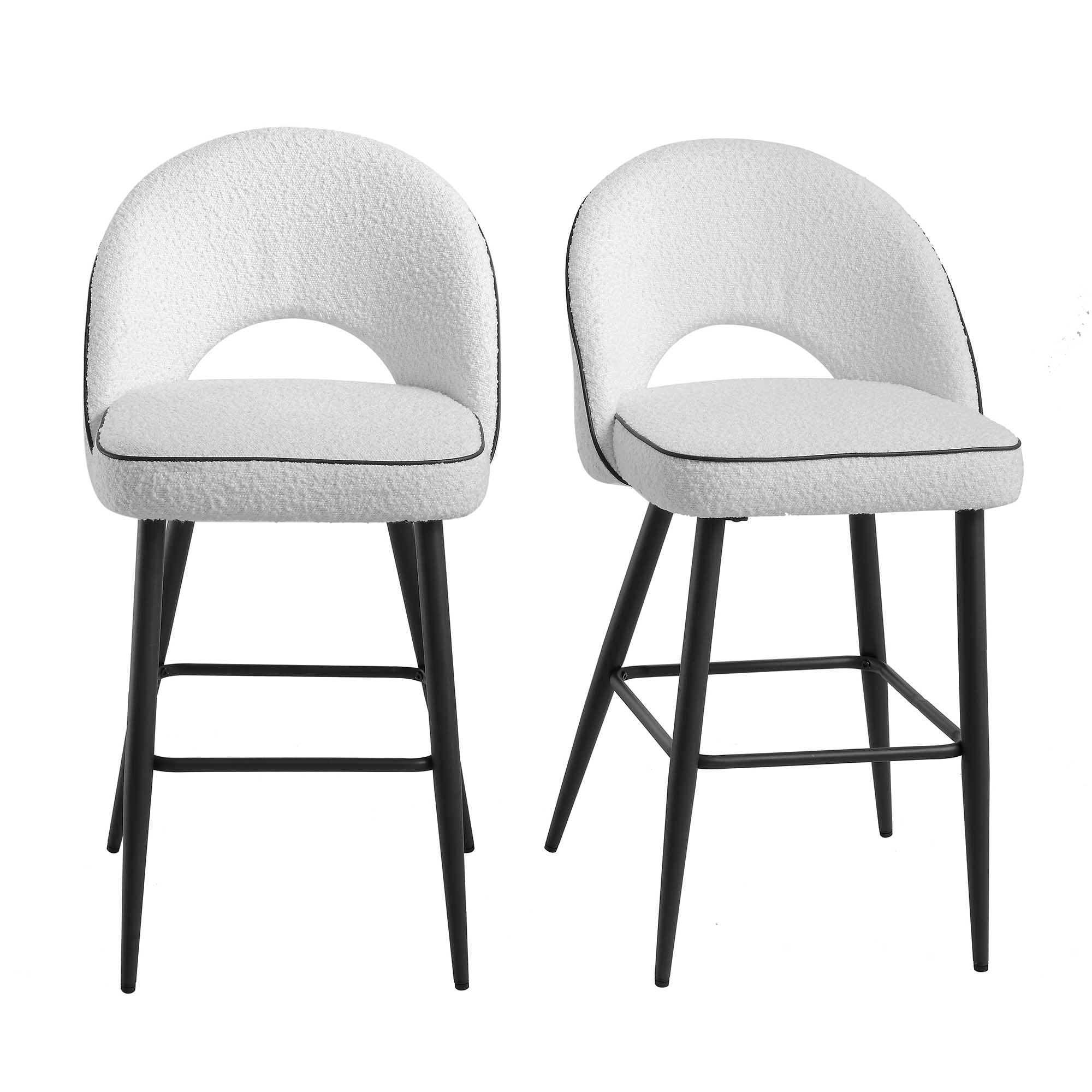 Oakley Set of 2 White Boucle Upholstered Counter Stools with Contrast Piping