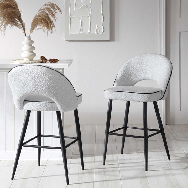 Oakley Set of 2 White Boucle Upholstered Counter Stools with Contrast Piping