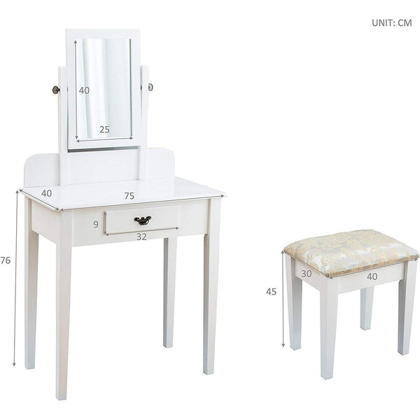 1-Drawer White Dressing Table with Stool & Single Square Mirror - daals