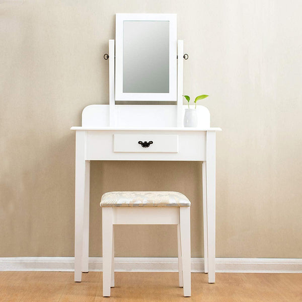 1-Drawer White Dressing Table with Stool & Single Square Mirror - daals
