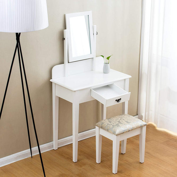 1-Drawer White Dressing Table with Stool & Single Square Mirror - daals