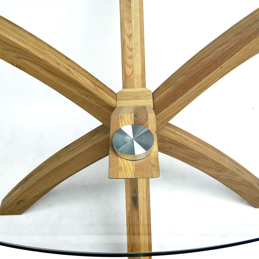 Lugano 110cm Round Glass Top Solid Oak Legs Dining Table